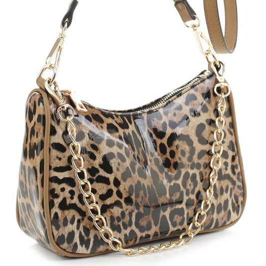 a leopard print purse with a chain strap