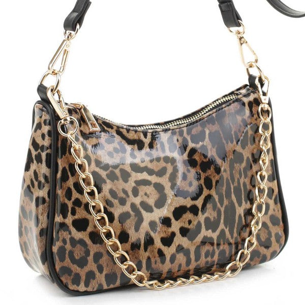 a leopard print purse with a chain strap