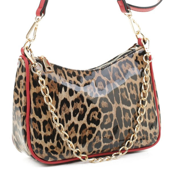 a leopard print purse with a chain strap