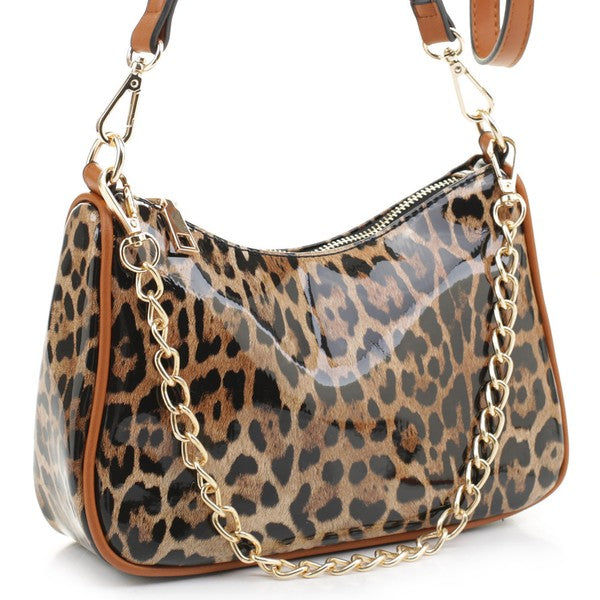 a leopard print purse with a chain strap