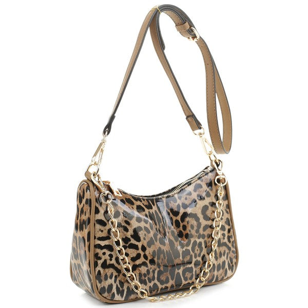 a leopard print purse on a white background