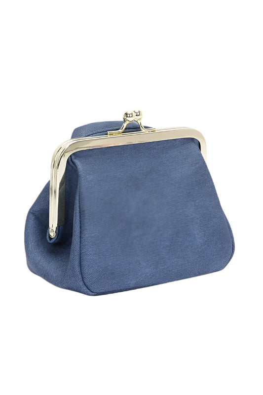 a blue purse with a gold handle