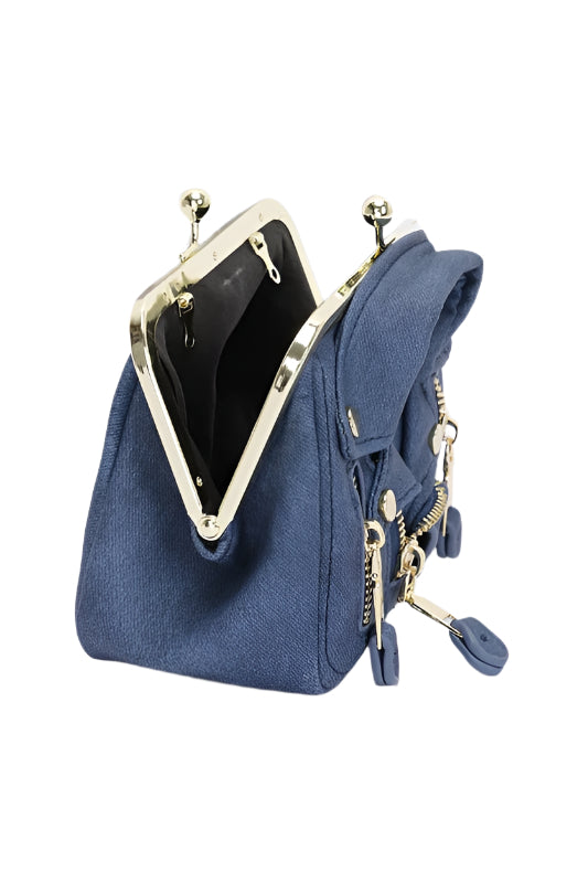 a blue purse with a cell phone in it