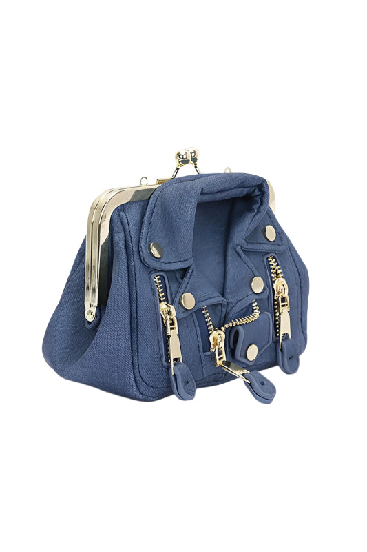 a blue purse with gold hardwares on it