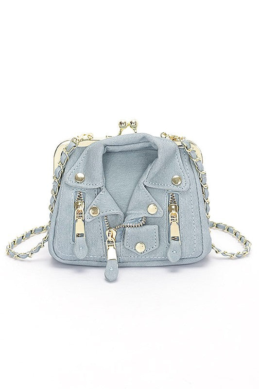 a small blue purse with a chain strap