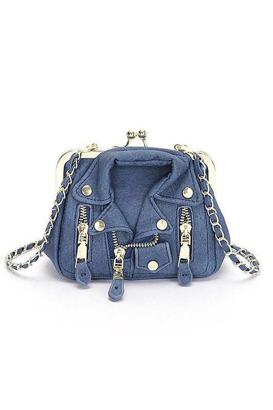 a blue purse with a chain around it