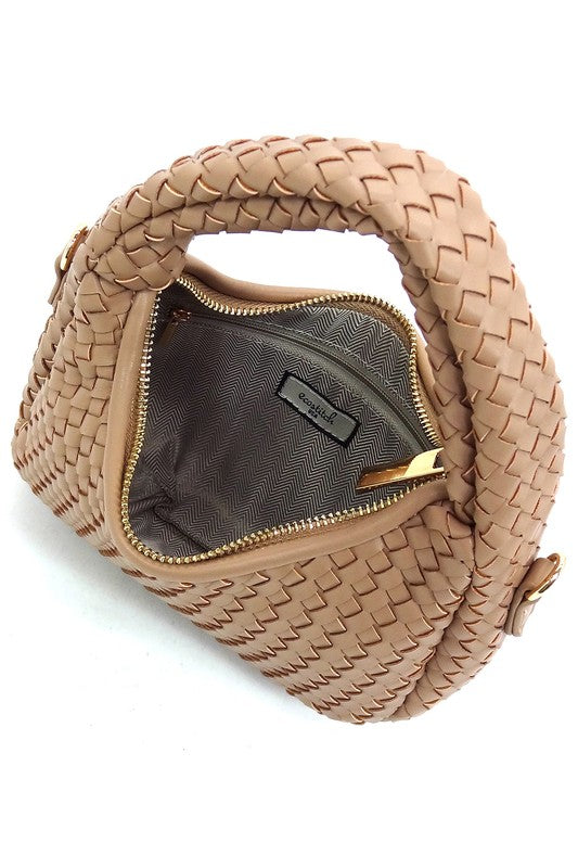 a brown woven purse with a gold zipper