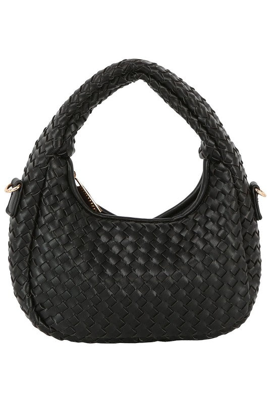 a black handbag with a braided handle