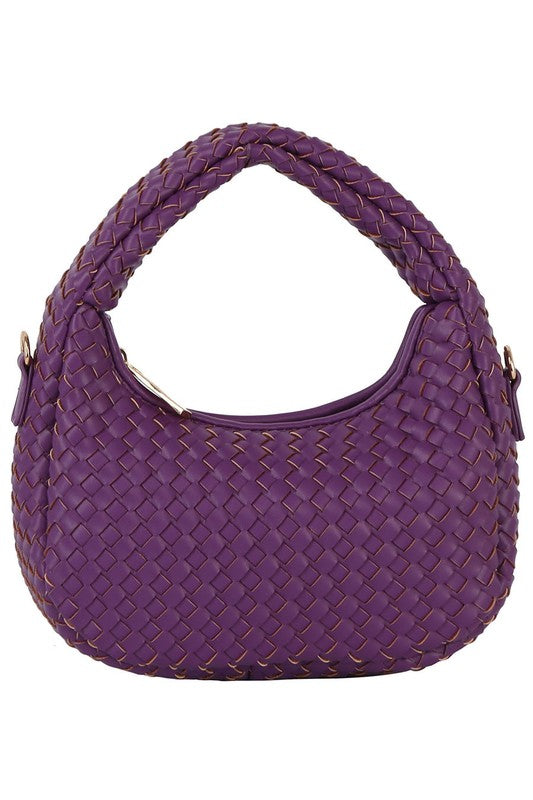 a purple handbag with a braided handle