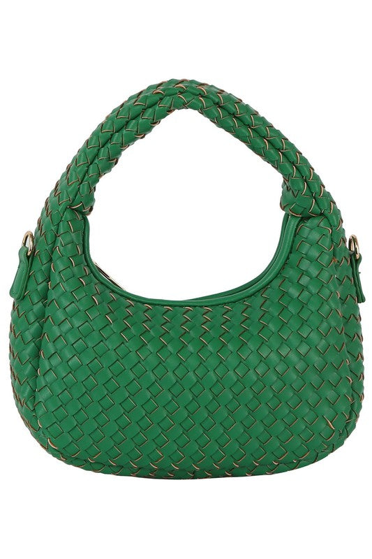 a green handbag with a braided handle