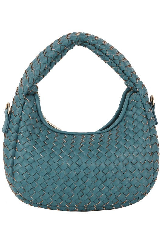 a blue bag with a braided handle