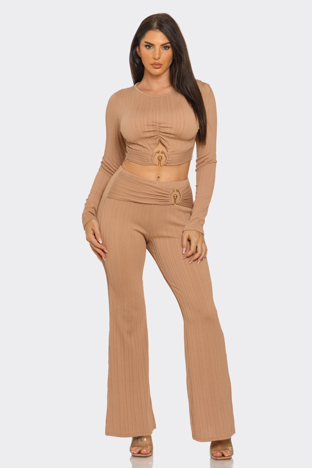 Black Ribbed Two-Piece Set – Metal Ring Cutout Crop Top & Flare Pants