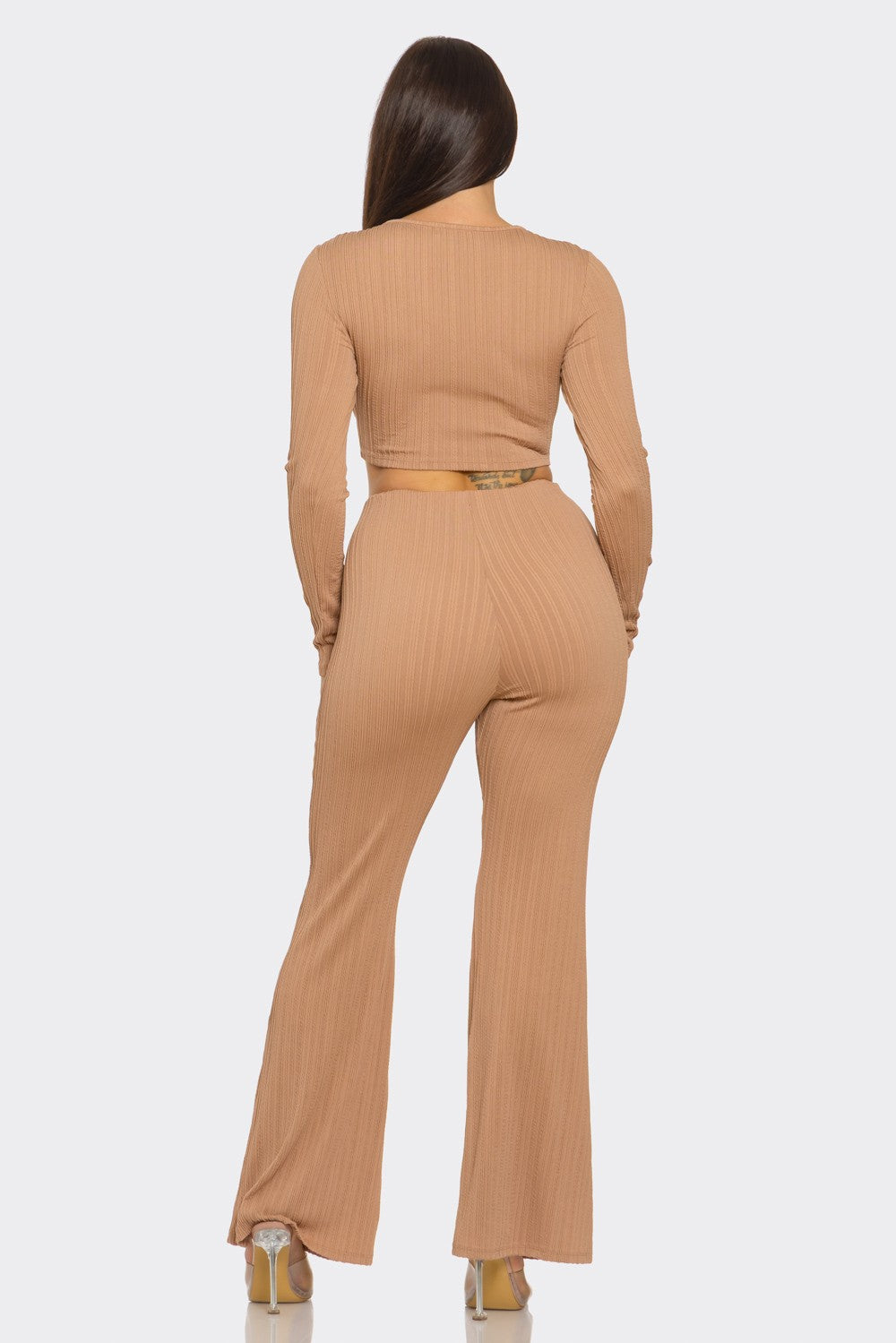Black Ribbed Two-Piece Set – Metal Ring Cutout Crop Top & Flare Pants