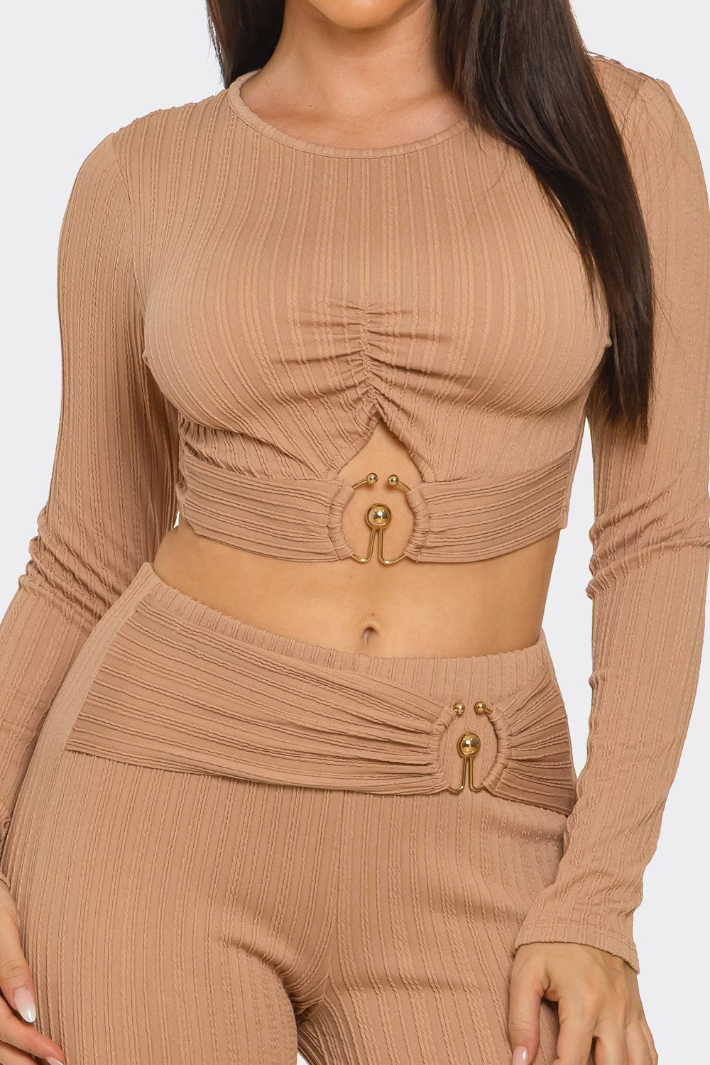 Black Ribbed Two-Piece Set – Metal Ring Cutout Crop Top & Flare Pants