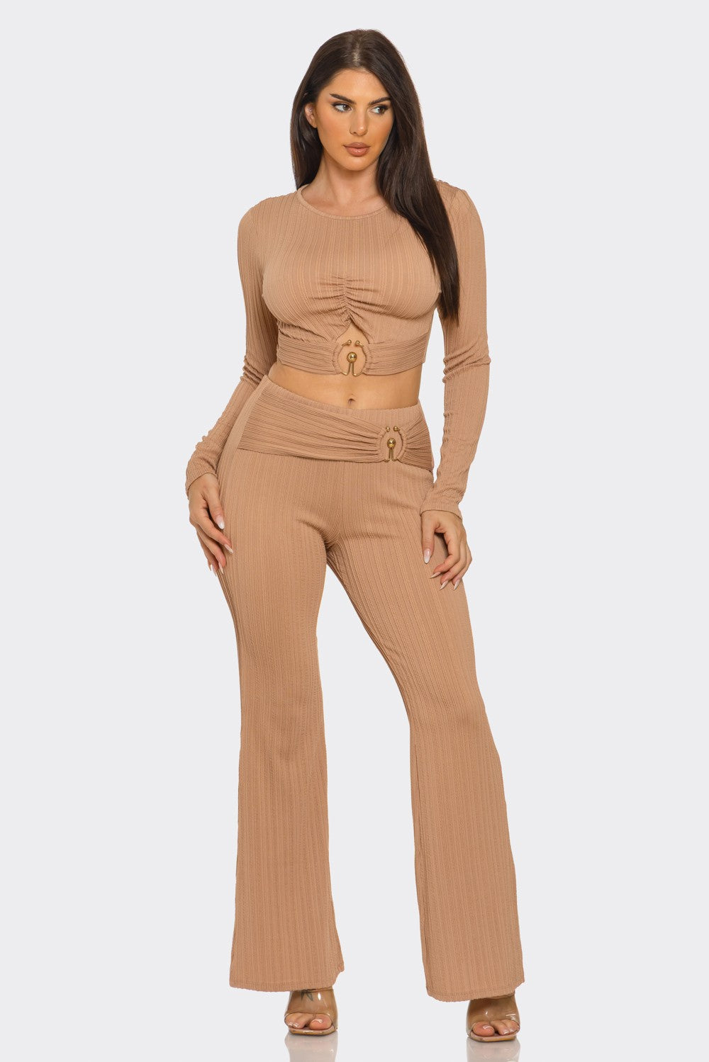 Black Ribbed Two-Piece Set – Metal Ring Cutout Crop Top & Flare Pants