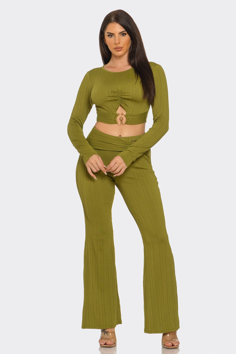 Black Ribbed Two-Piece Set – Metal Ring Cutout Crop Top & Flare Pants