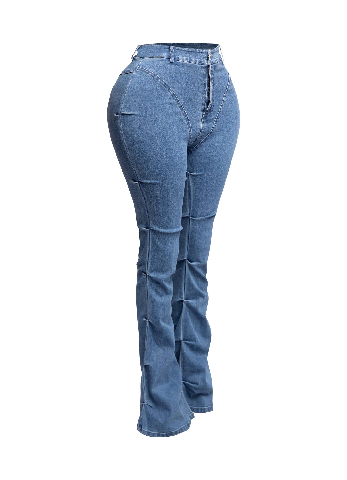 a woman in blue jeans is standing on a white background