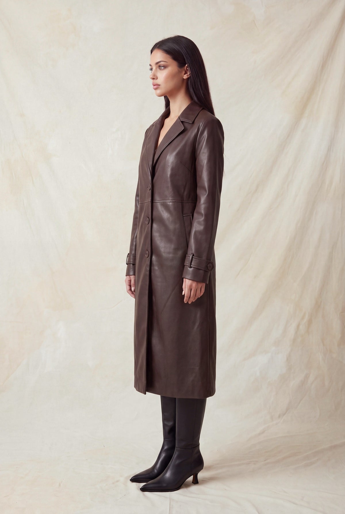 Vegan Leather Notch Longline Trench Coat