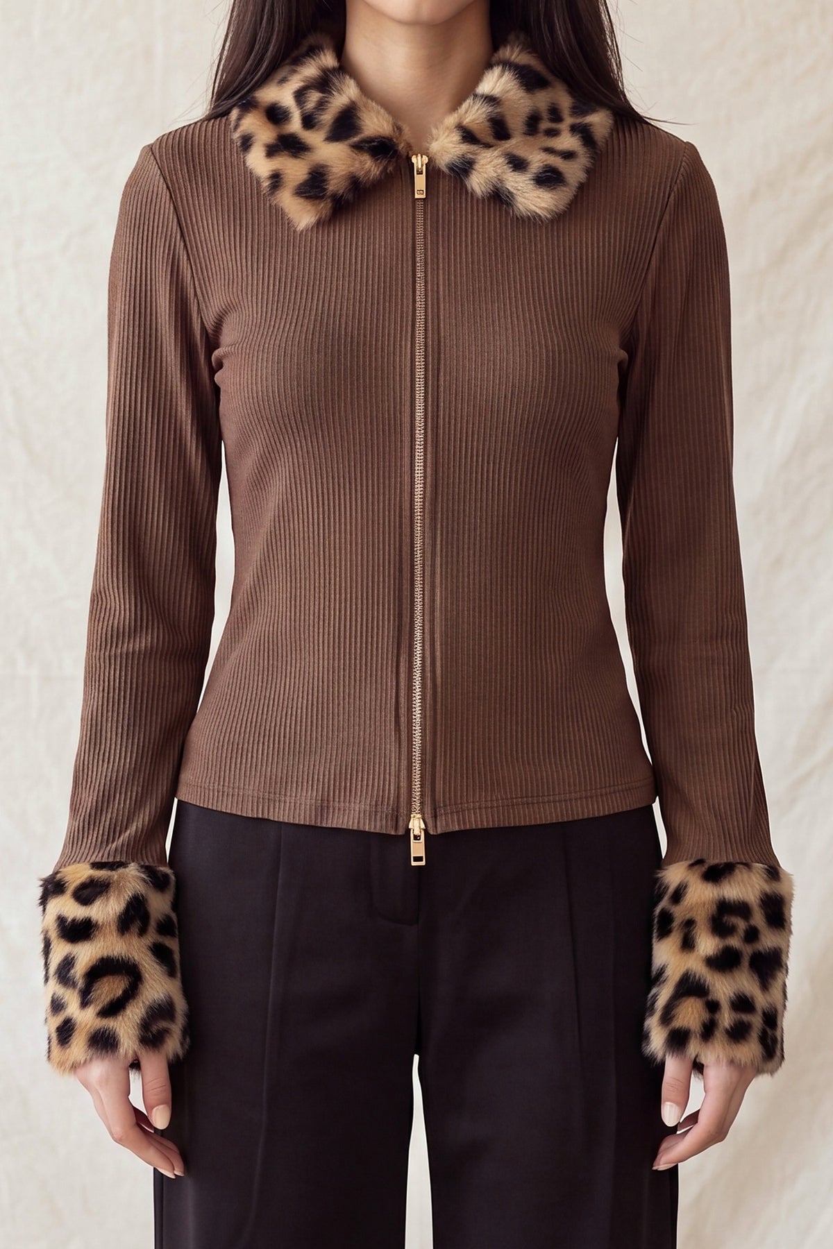 Leopard Faux Fur Trim Zip-Up Top