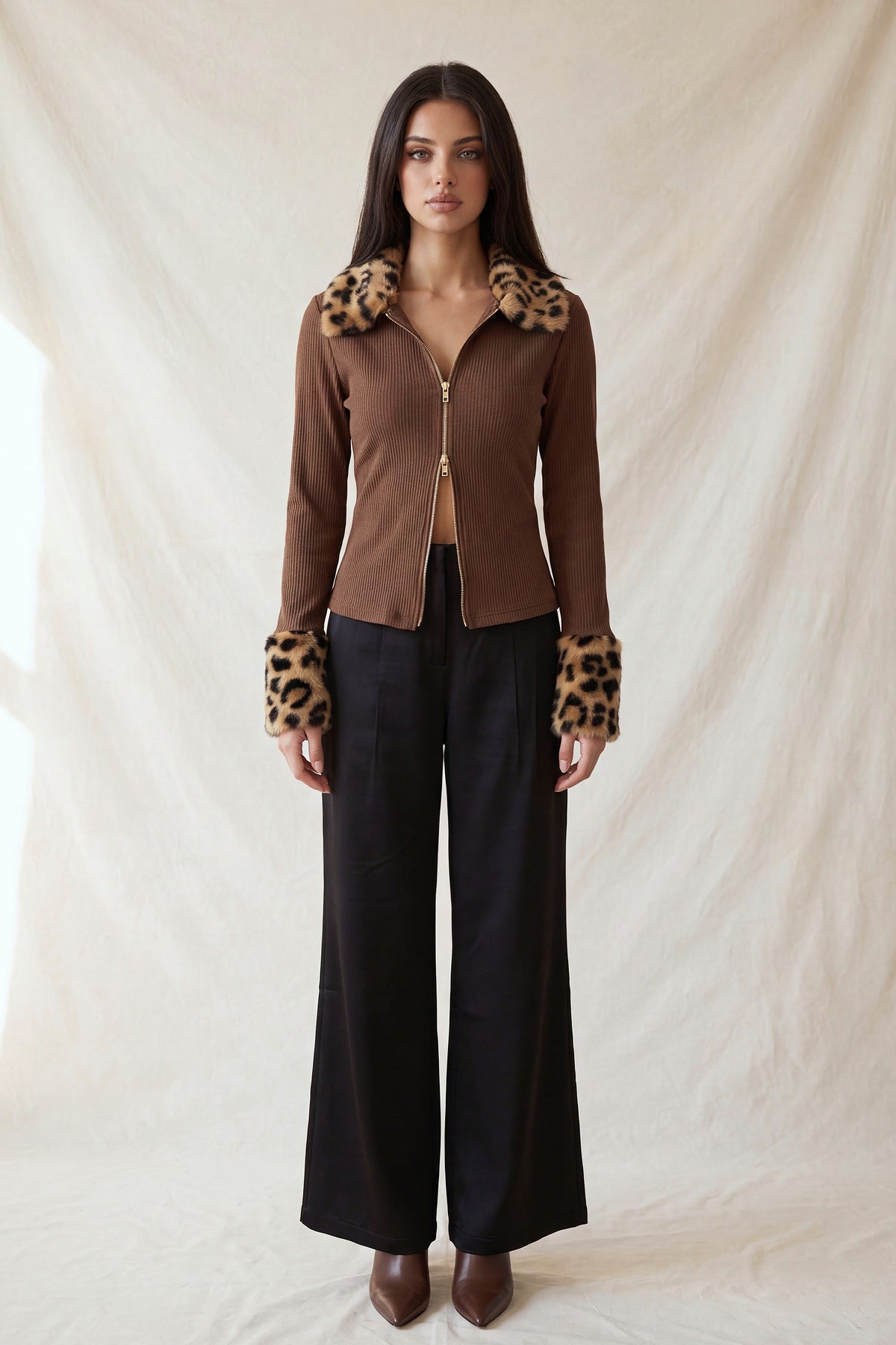 Leopard Faux Fur Trim Zip-Up Top