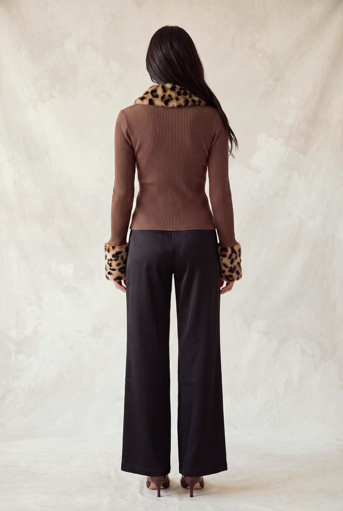 Leopard Faux Fur Trim Zip-Up Top