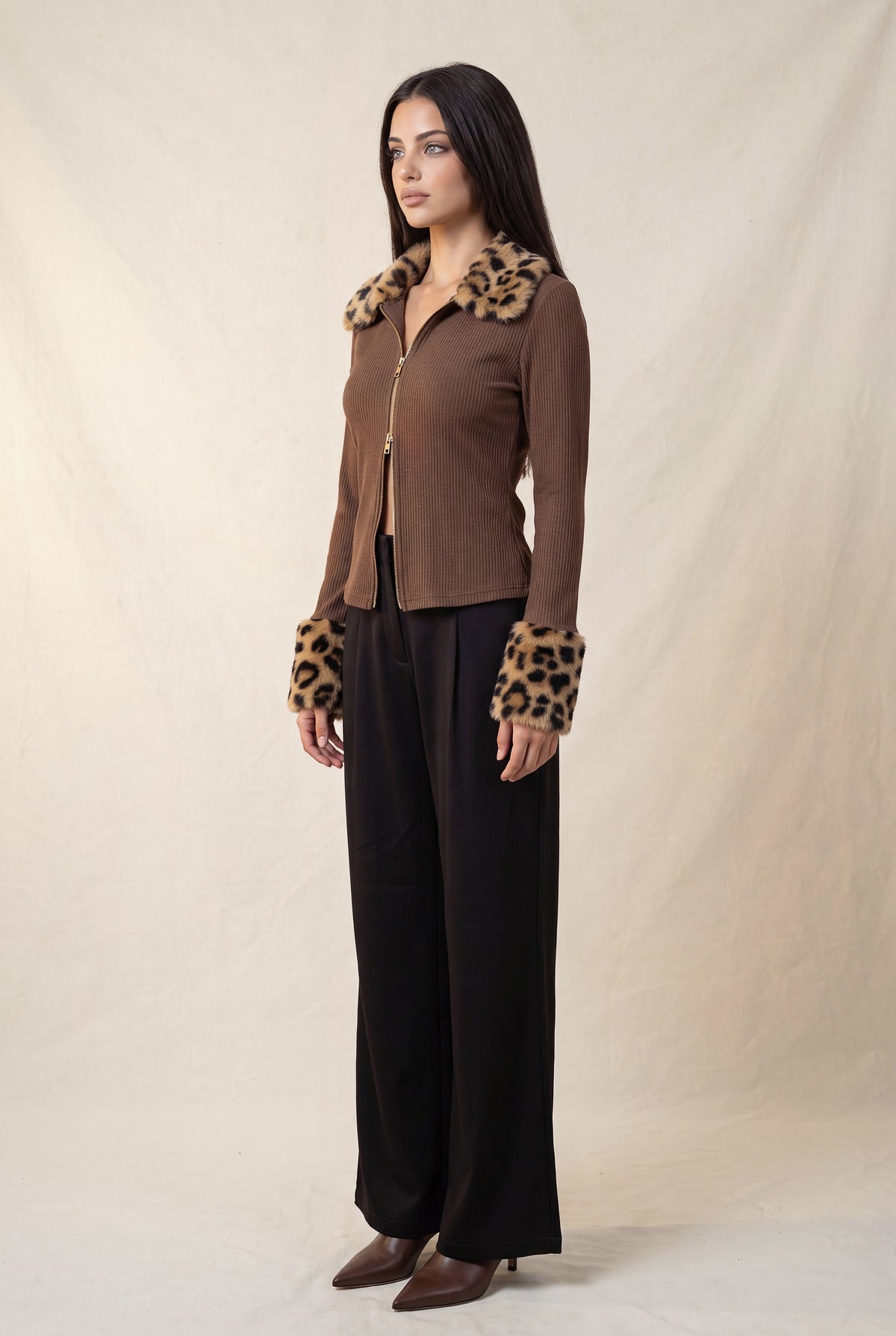 Leopard Faux Fur Trim Zip-Up Top