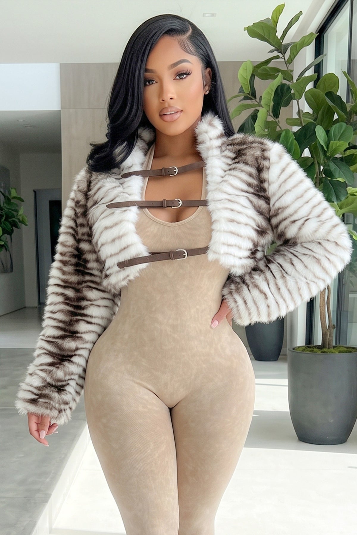 Model wearing Sorella cream and brown striped faux fur cropped jacket with oversized collar, long plush sleeves, and three brown buckle straps at Blaire Shops.