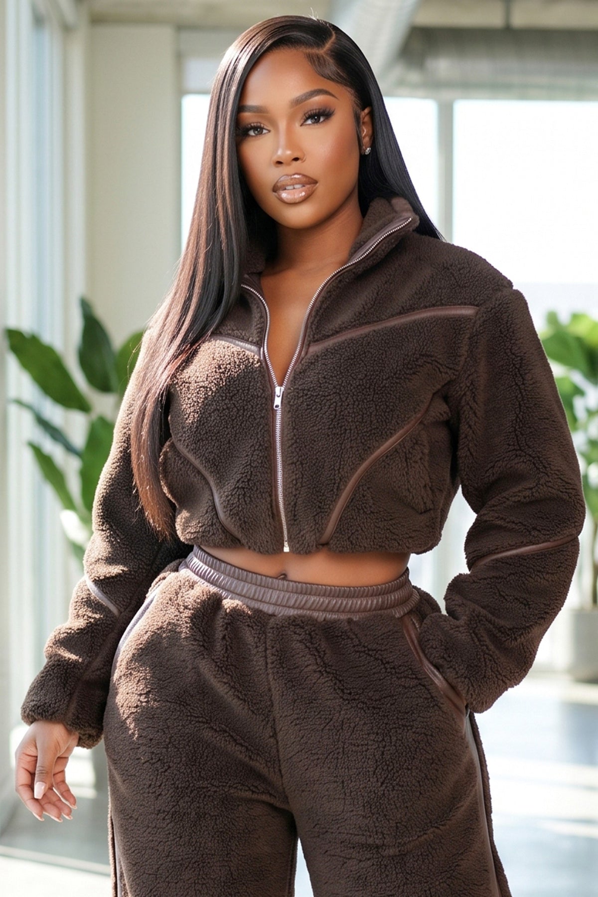 Blaire Shops model wearing a chocolate brown cropped teddy faux fur zip-up jacket with high collar, contrasting PU piping, and matching brown fleece pants.