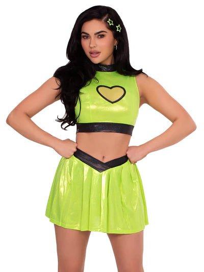 3 PC Super Baddie Costume, Includes Shimmer Crop Top with Mesh Heart Panel, V - Front Skirt, and (2) Star Hair Clips - S Costume for women Vacation Outfits Birthday Dresses Going Out Looks