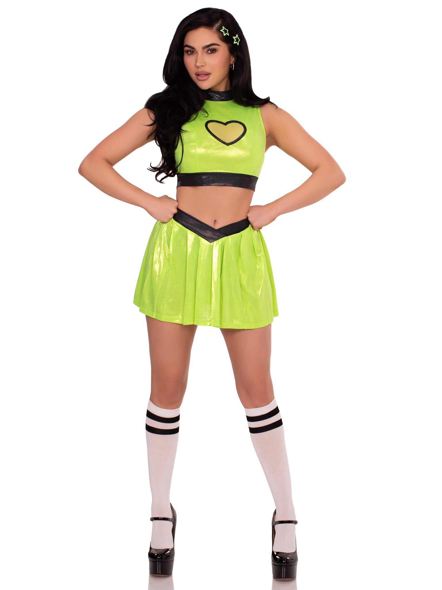 3 PC Super Baddie Costume, Includes Shimmer Crop Top with Mesh Heart Panel, V - Front Skirt, and (2) Star Hair Clips - S Costume for women Vacation Outfits Birthday Dresses Going Out Looks