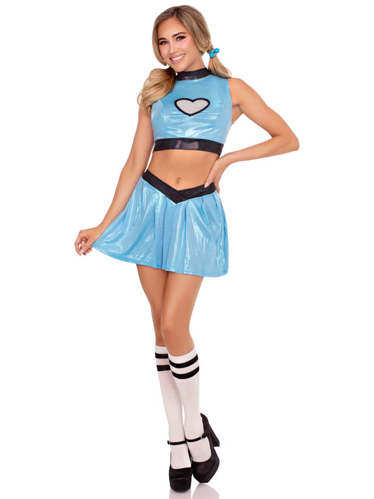 3 PC Super Sweetie Costume, Includes Shimmer Crop Top with Mesh Heart Panel, V - Front Skirt, and (2) Hair Ties - S Costume for women Vacation Outfits Birthday Dresses Going Out Looks