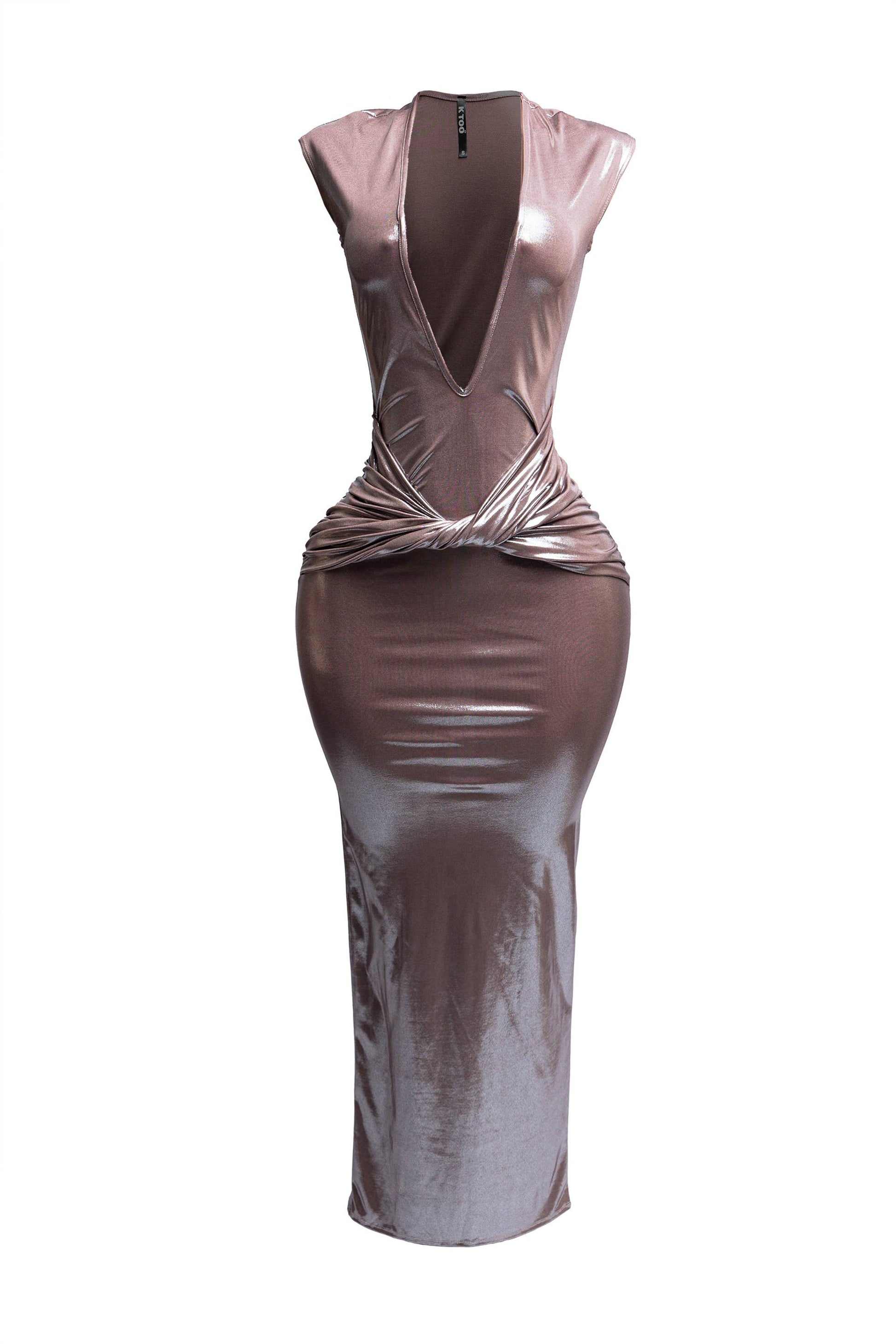 a women's metallic dress with a v neck