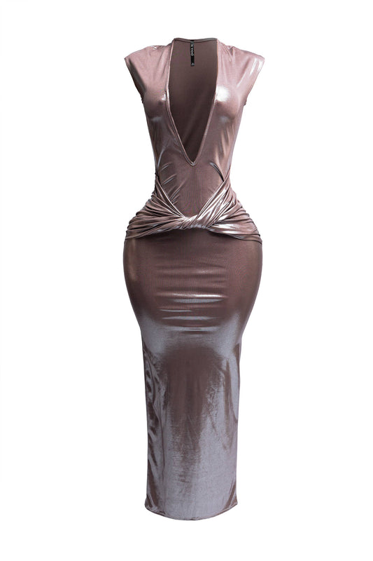 a women's metallic dress with a v neck