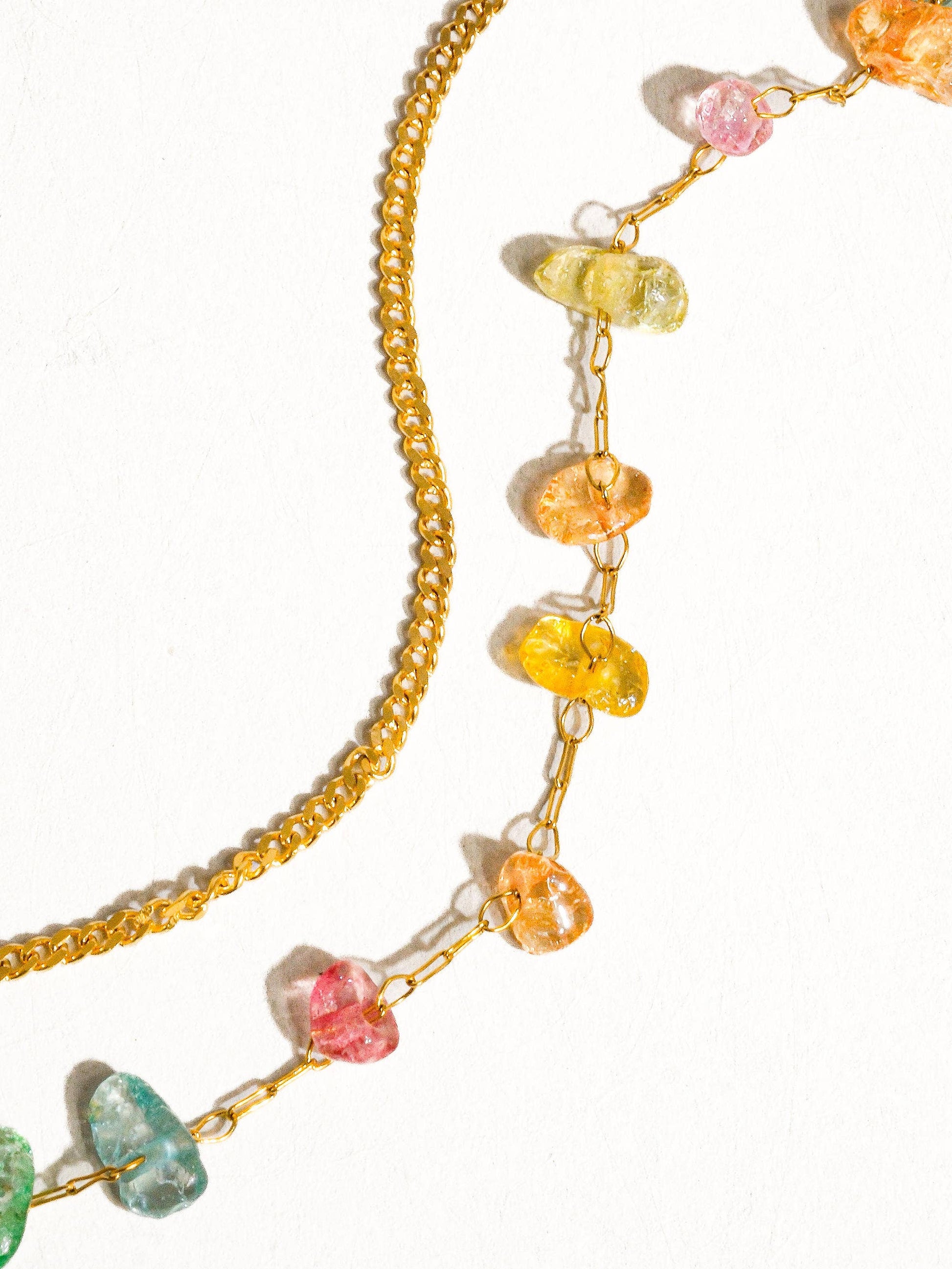 a multicolored beaded necklace on a white background