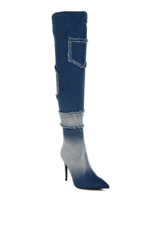 Eilish Rhinestones Knee High Denim Boots