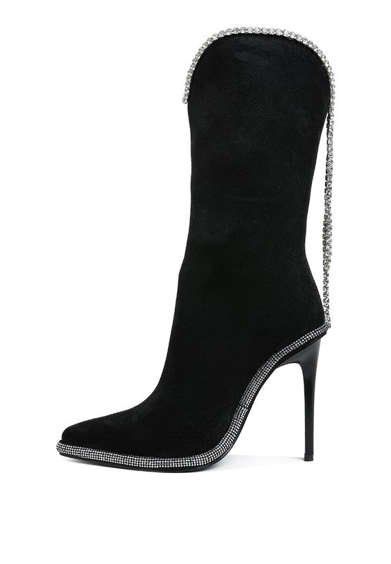 a pair of black high heeled boots