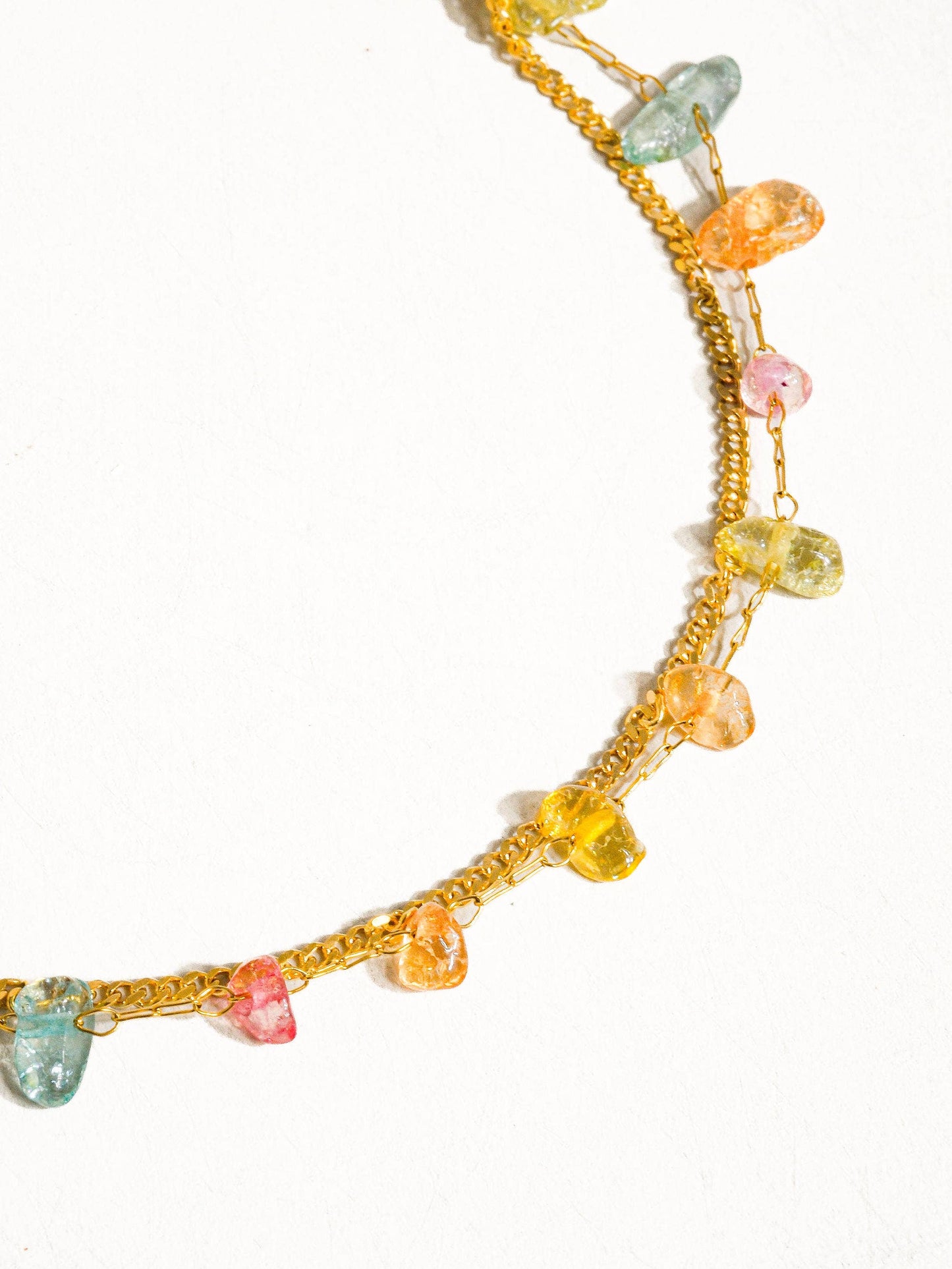 a necklace with multi colored stones on a white background