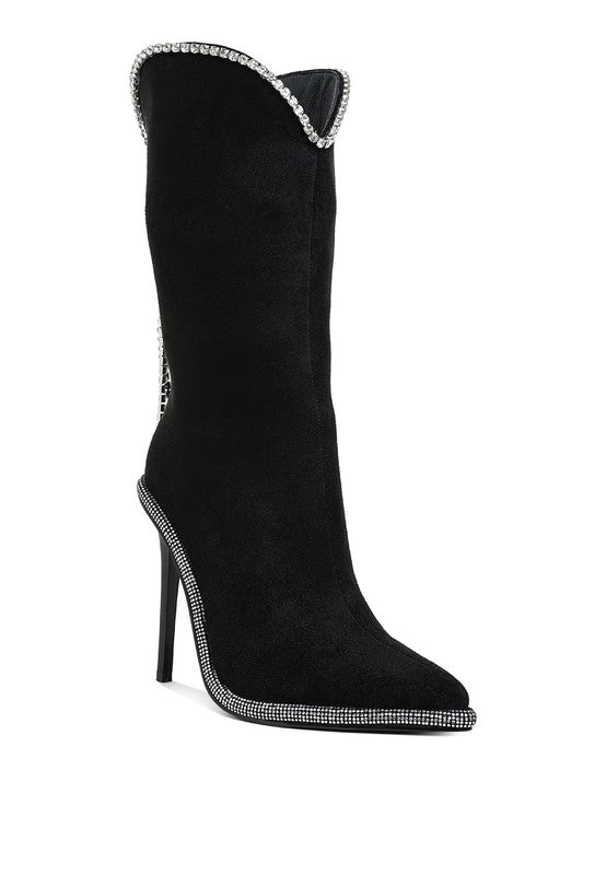 a pair of black high heeled boots