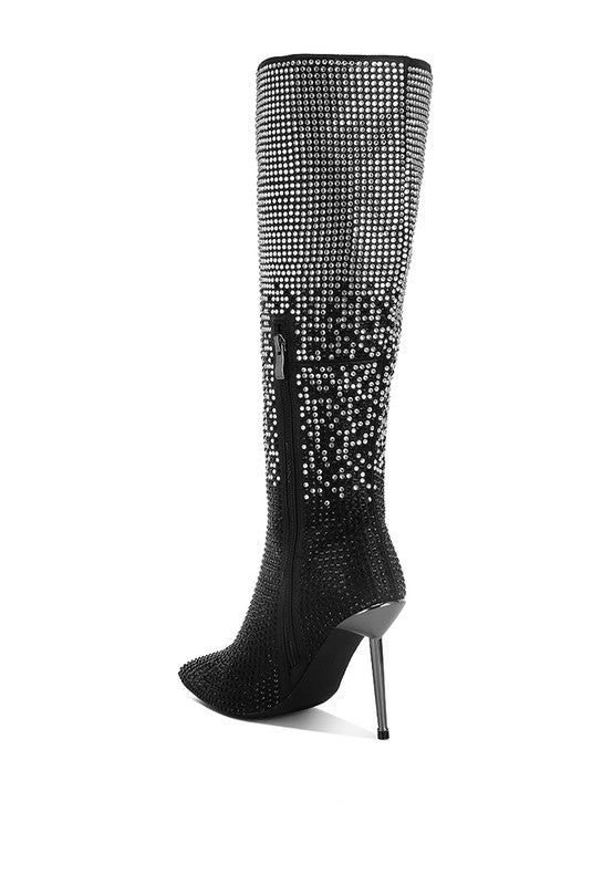 Orymple Shiny Rhinestone Studded Calf Boots