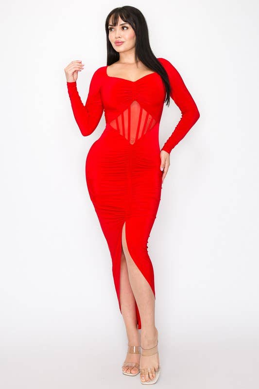 Maribella Ruched Long Sleeve Mesh Detail Dress