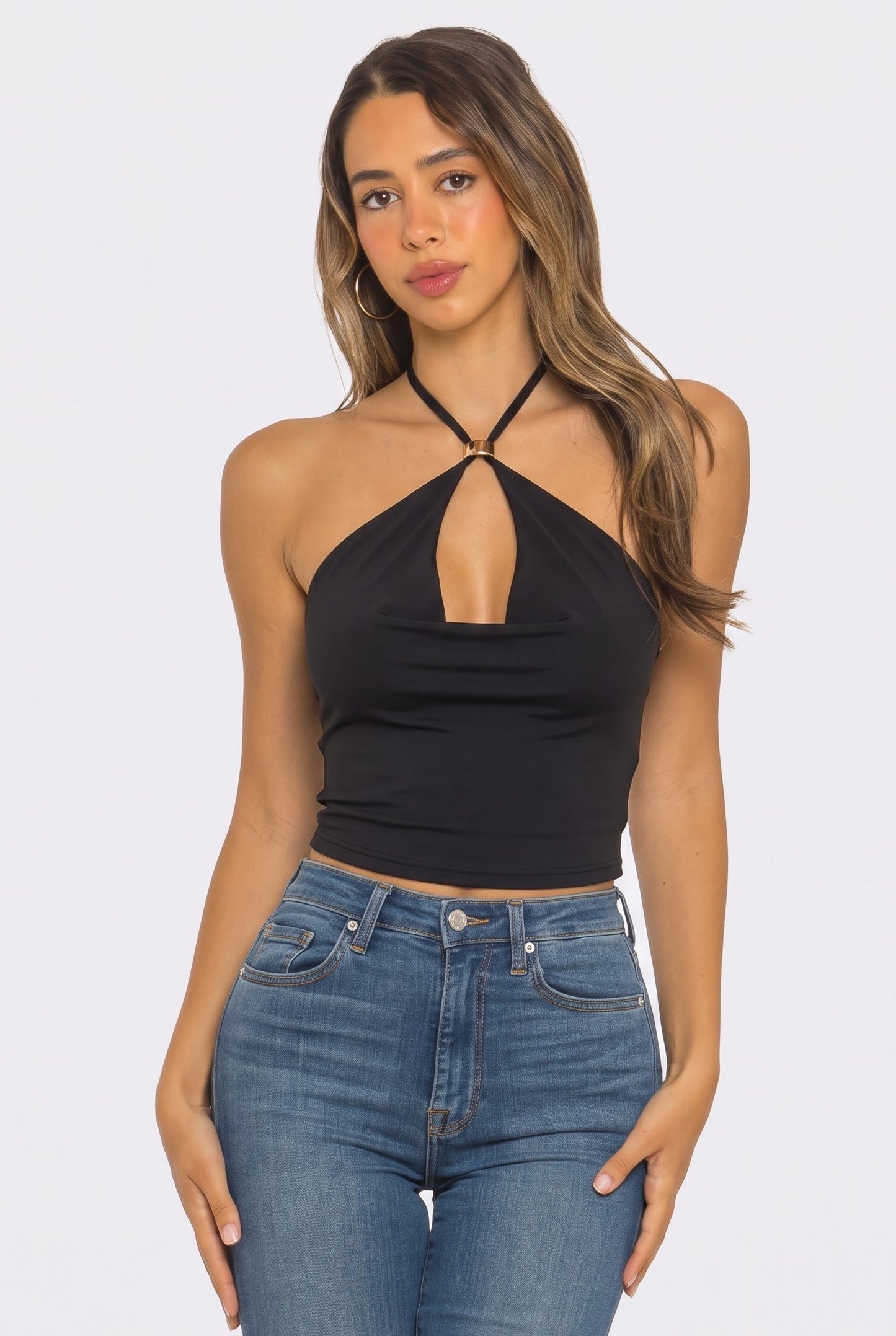 Black cowl neck halter crop top with front keyhole cutout, open back, adjustable neck tie, and wraparound waist ties.