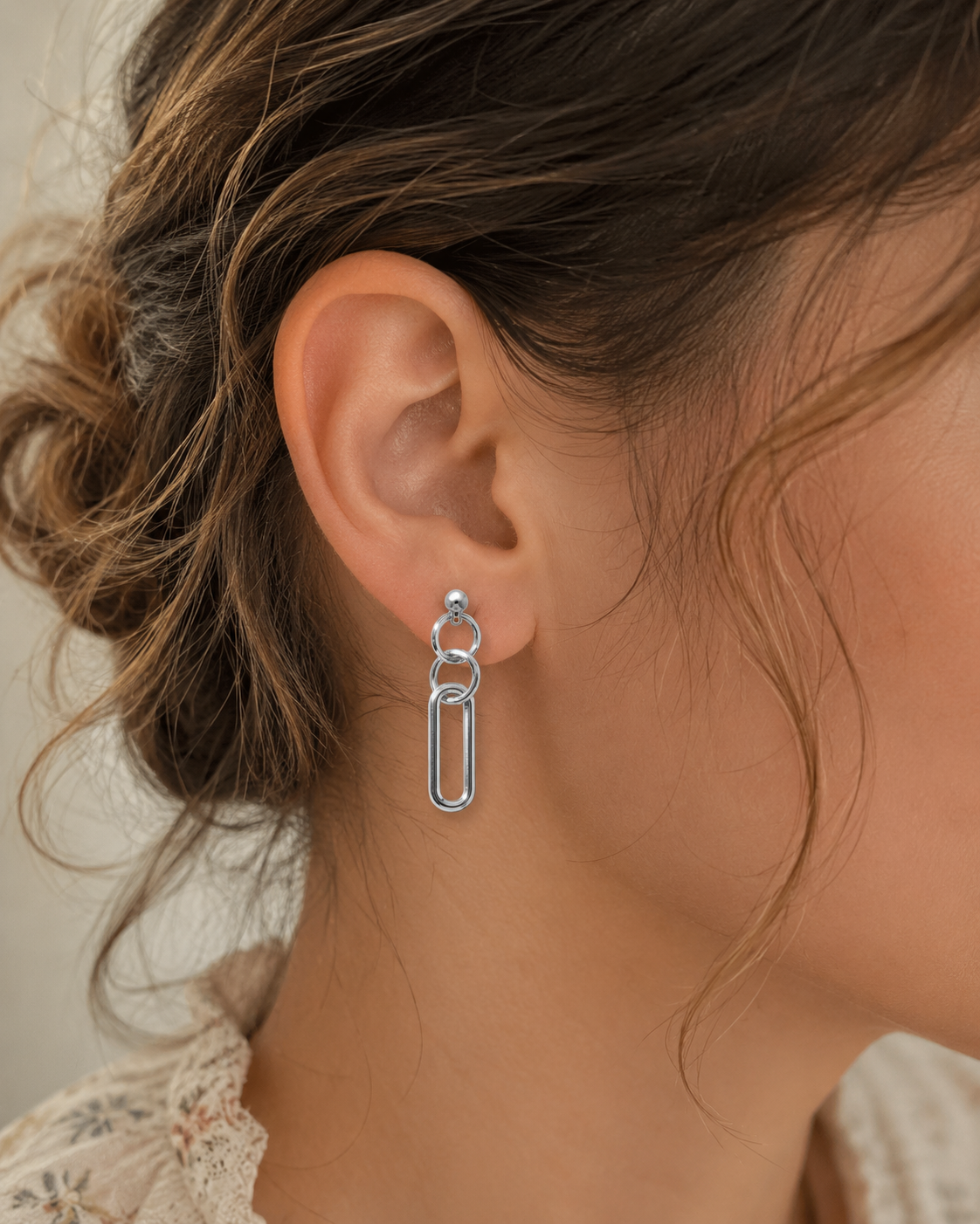 Luna Rhodium Geometric Link Drop Earrings