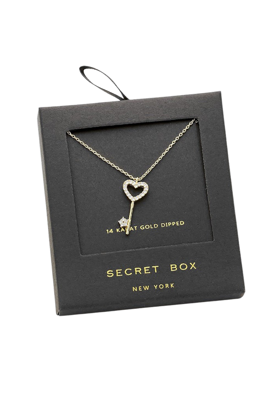 Secret Box™ 14K Gold Dipped Stone Paved Heart Key Pendant Necklace