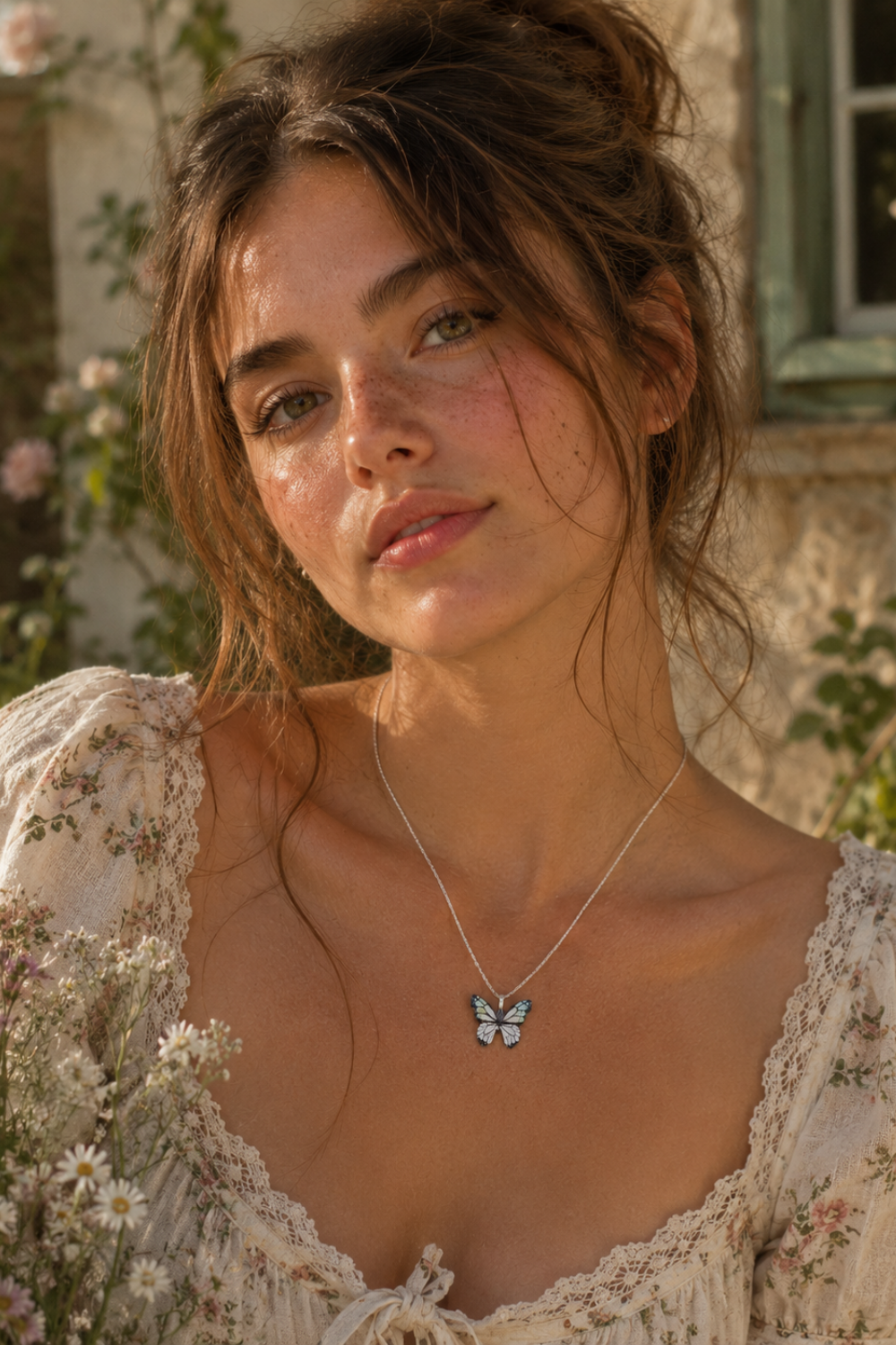 Collar con colgante de mariposa texturizado bañado en oro blanco