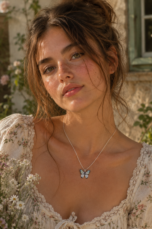 Collier Pendentif Papillon Texturé Trempé Or Blanc