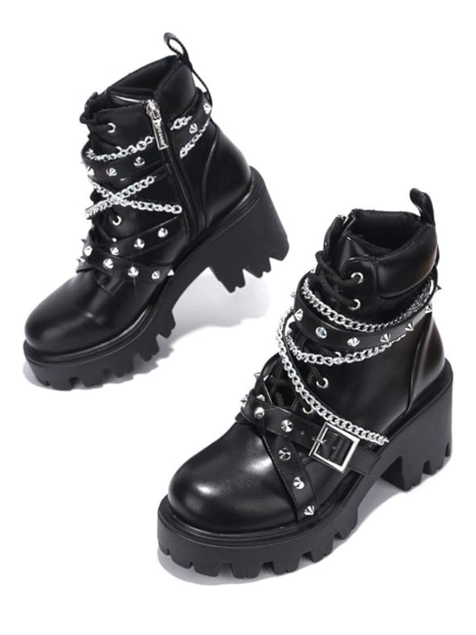 a pair of black boots with chains on them