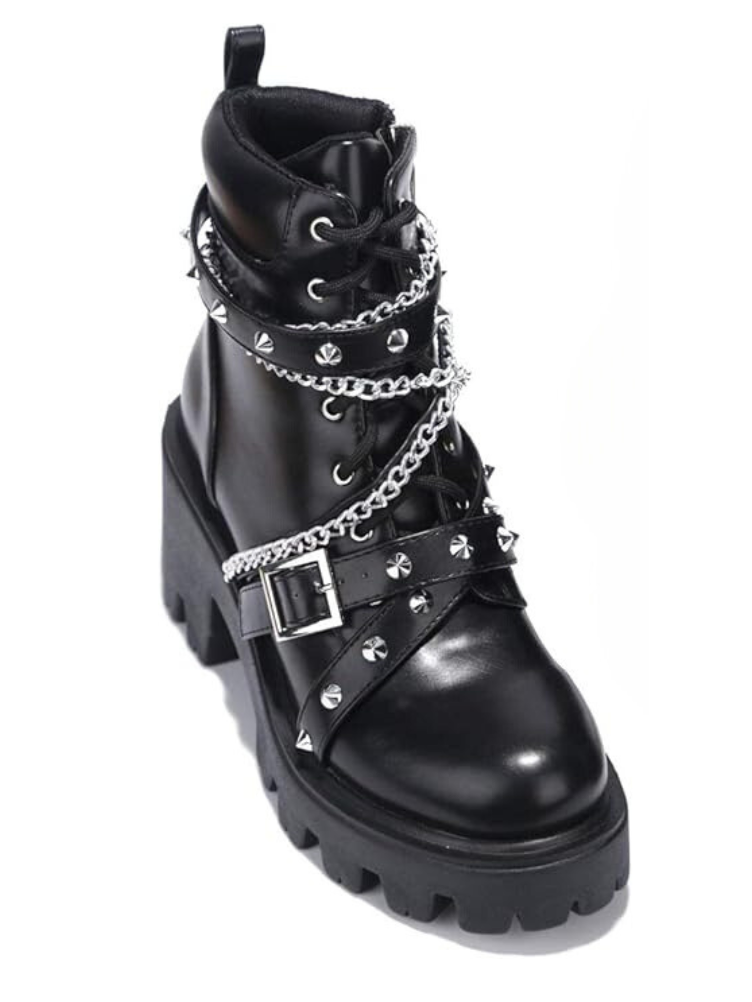 a pair of black boots with chains on them