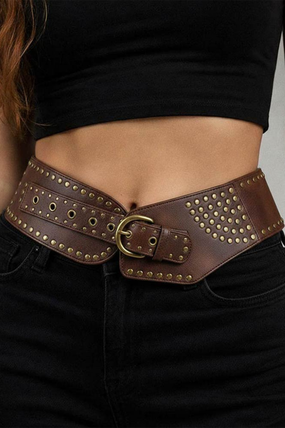 Wide Western Faux Leather Studded Waist Belt