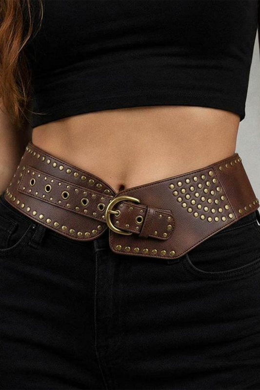 Wide Western Faux Leather Studded Waist Belt