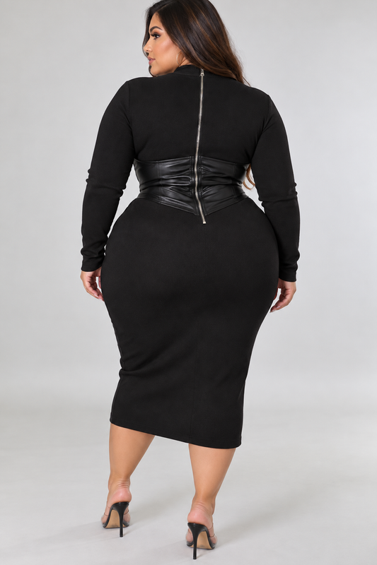 Back view of the Sienna plus-size black midi dress highlighting the structured faux leather corset waist, exposed center-back zipper, and fitted below-the-knee silhouette.